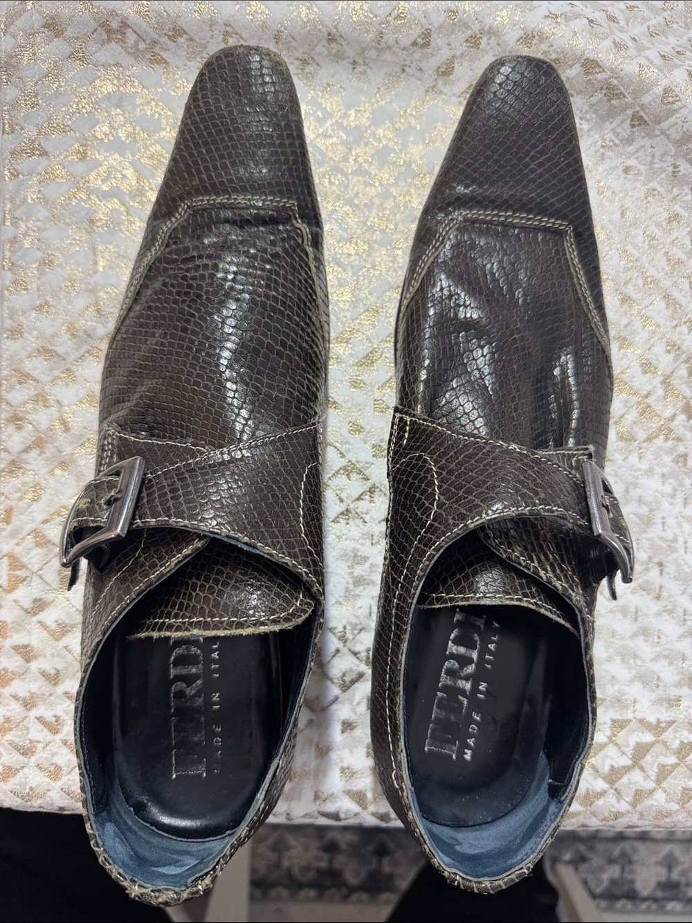 Ferrini Brown Lizard-Embossed Leather Slip-On Loafers with Buckle